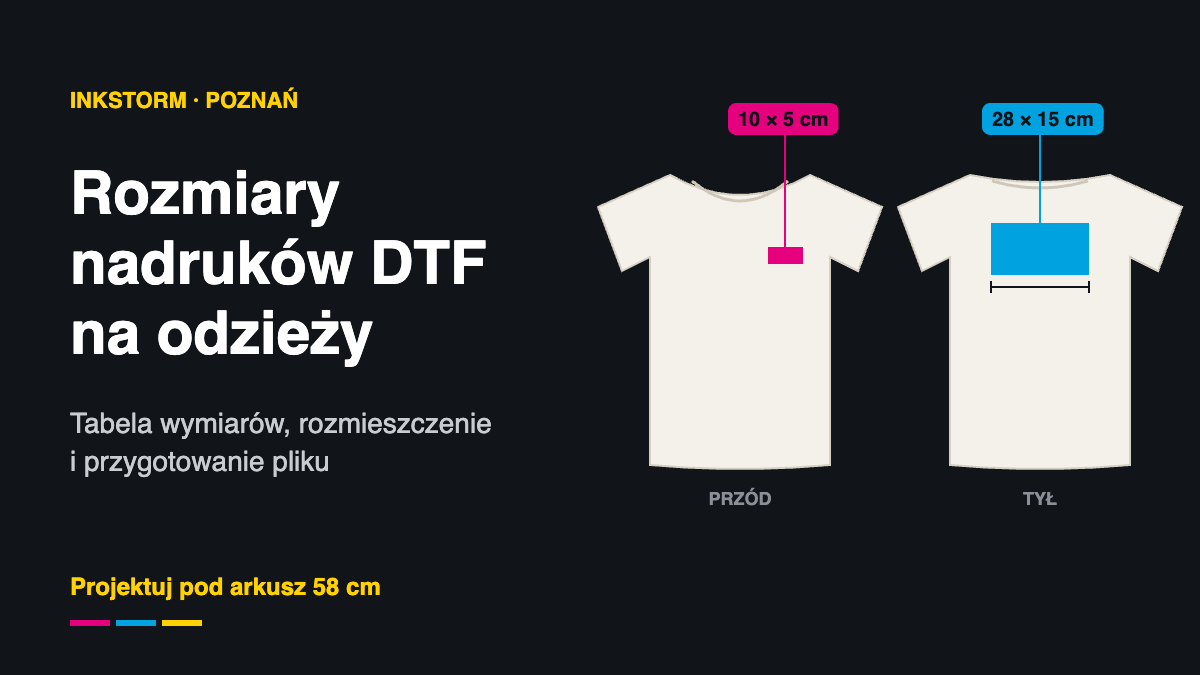 Rozmiary nadruków DTF na koszulce – logo na piersi 10 × 5 cm, nadruk na plecach 28 × 15 cm